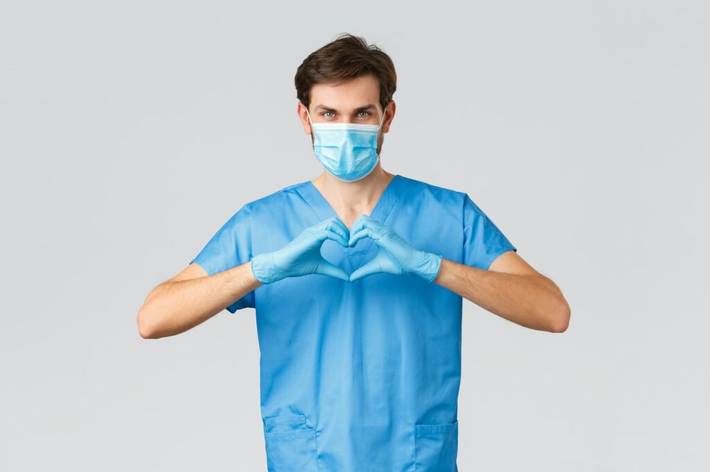 Covid-19, quarantine, hospitals and healthcare workers concept. Serious determined doctor or nurse